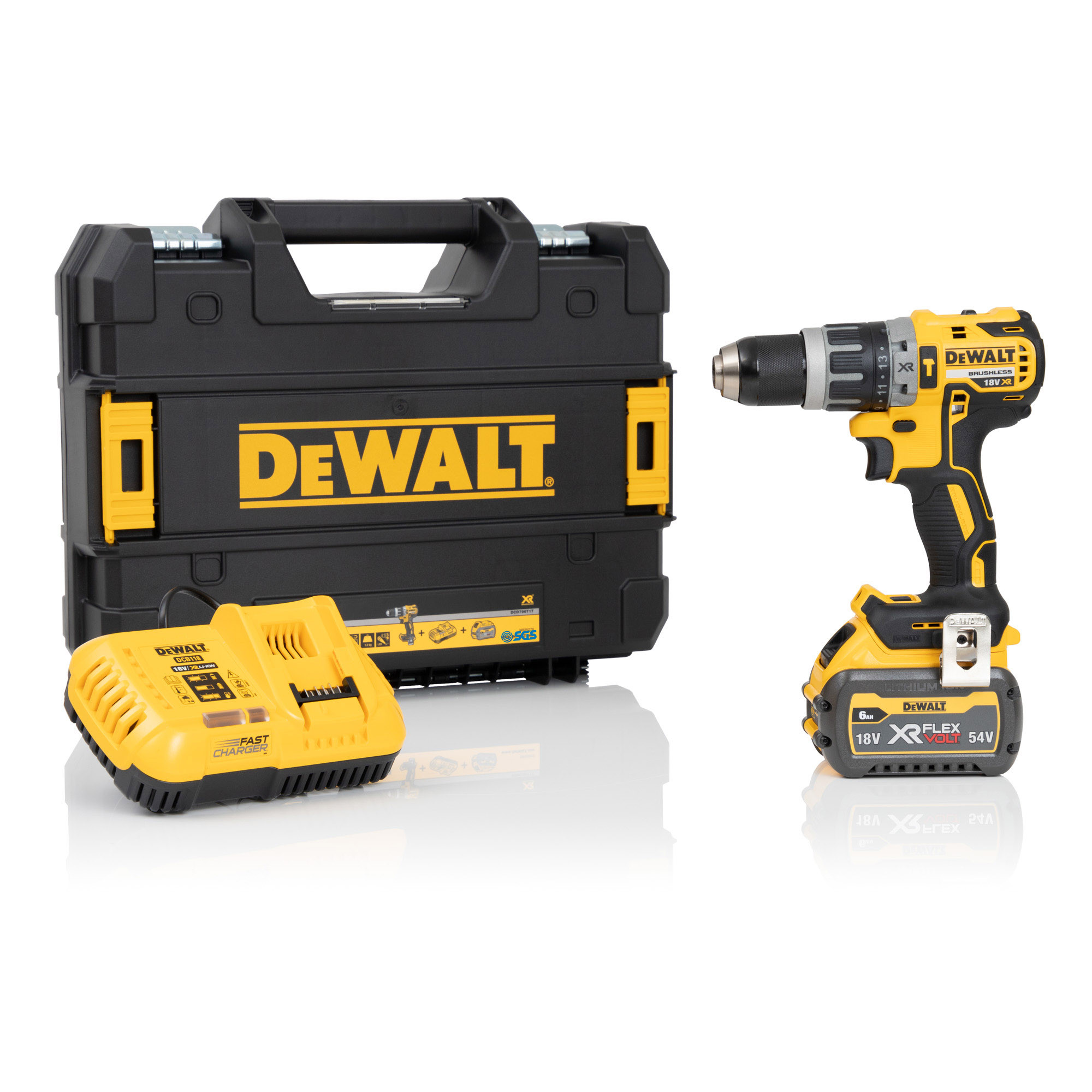 DeWalt DCD796T1T 18V XR无刷组合钻头套件- 6Ah电池，充电器和机箱