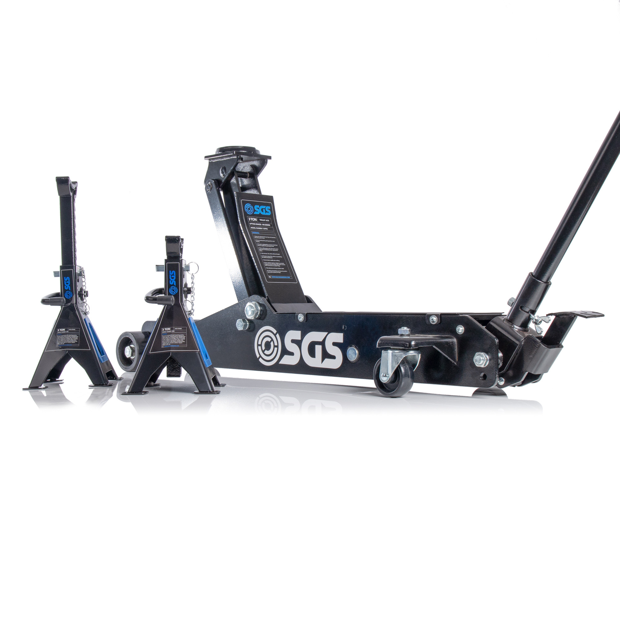 SGS 3 Tonne Long Reach Professional Service Trolley Jack & Ratchet Axle Stands