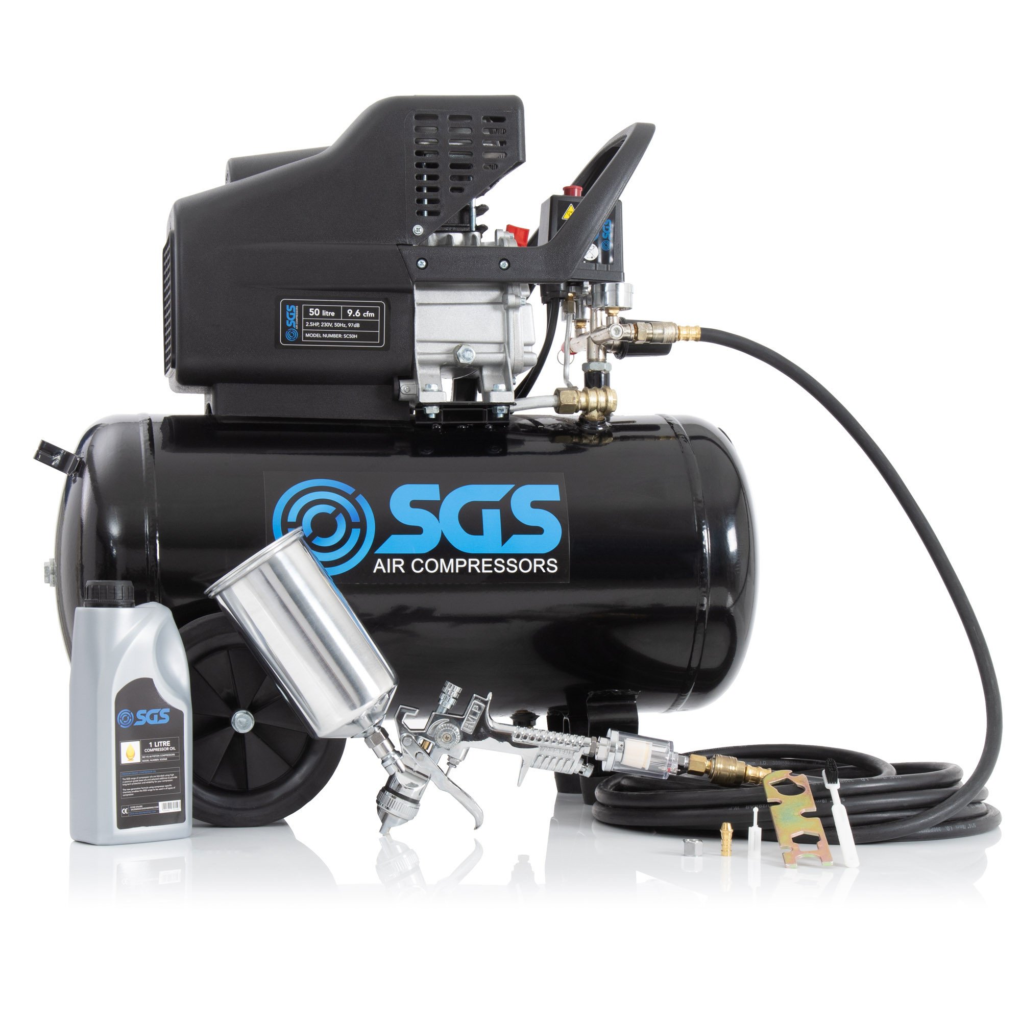 SGS 50升直接驱动空气压缩机和喷枪套件- 9.6CFM 2.5HP 50L