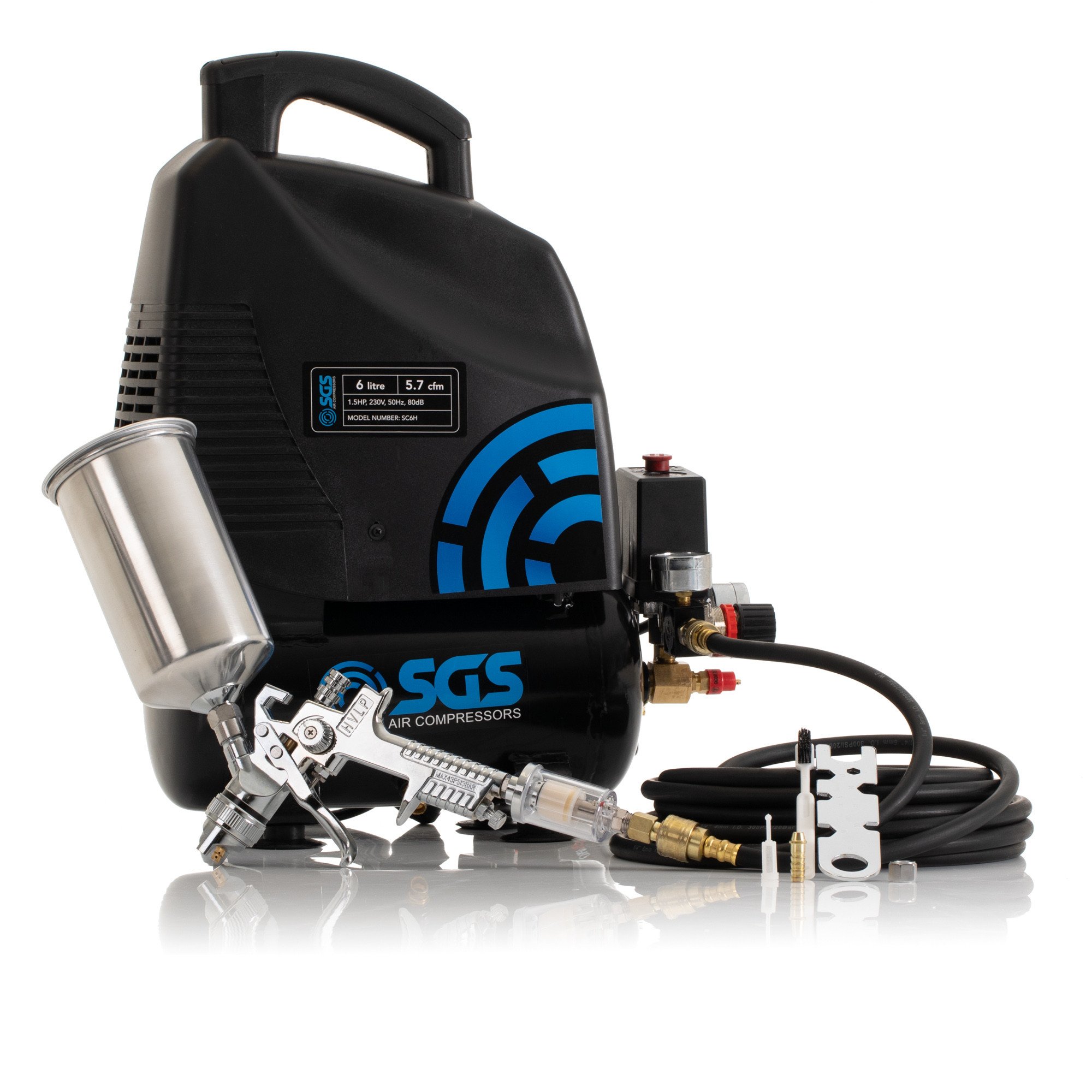 SGS 6 Litre Oil-Less Direct Drive Air Compressor & Spray Gun Kit - 5.7CFM, 1.5HP
