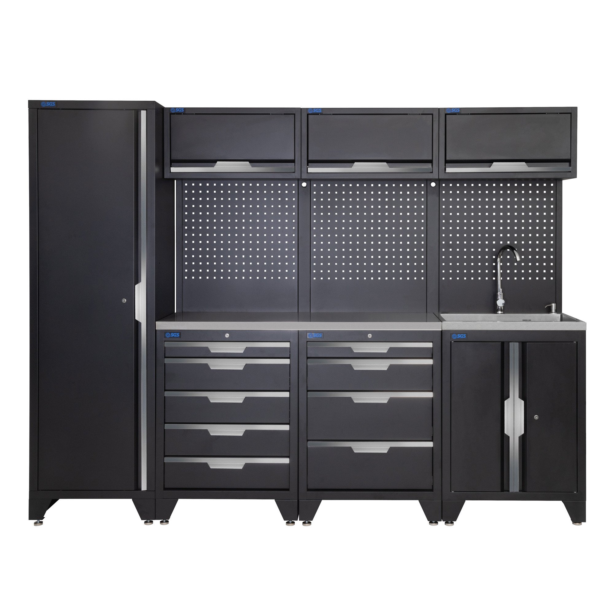 SGS 10pc车库存储系统，带双不锈钢工作台和水槽单元