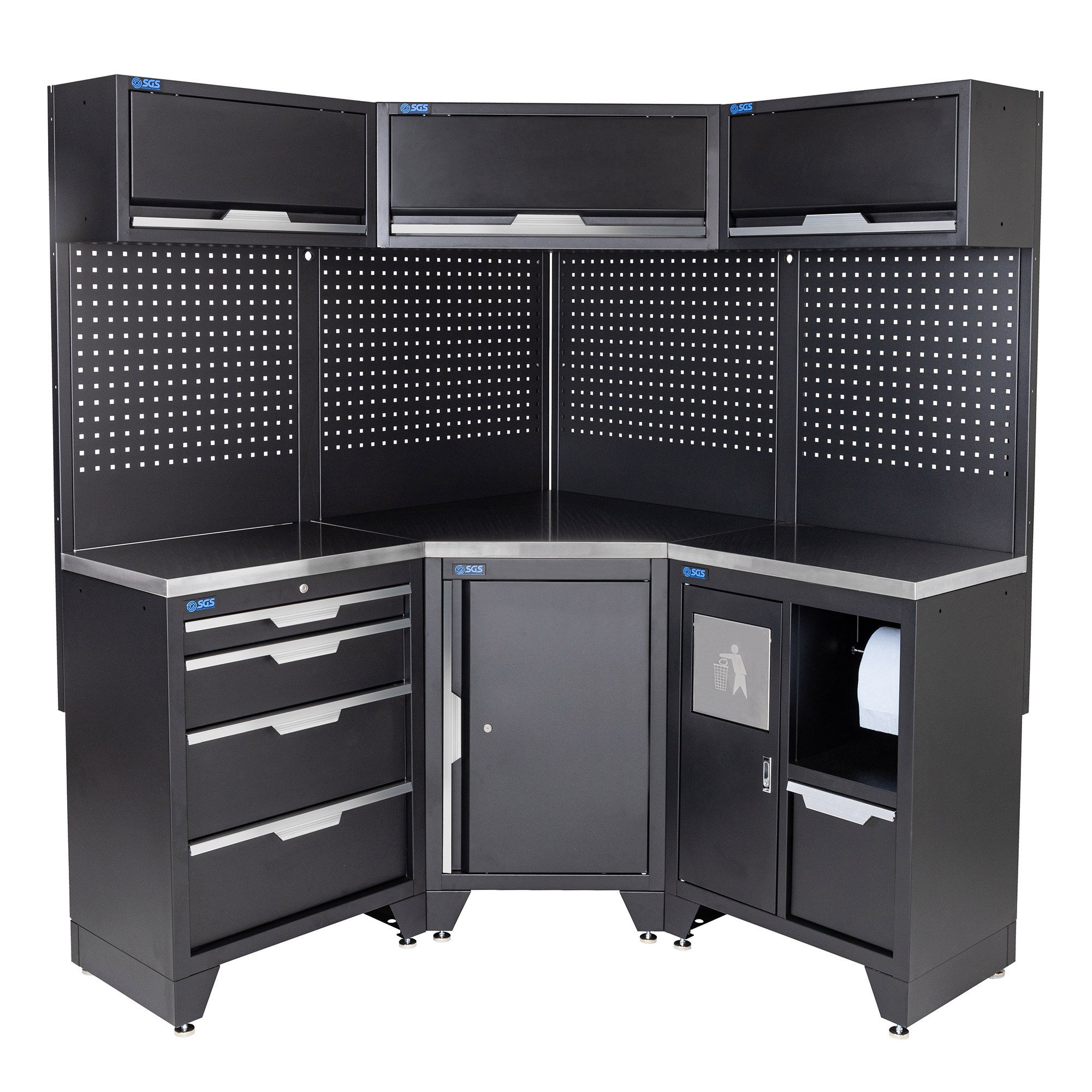 SGS车库存储系统10PC角落设置 - 不锈钢工作台和垃圾箱单元