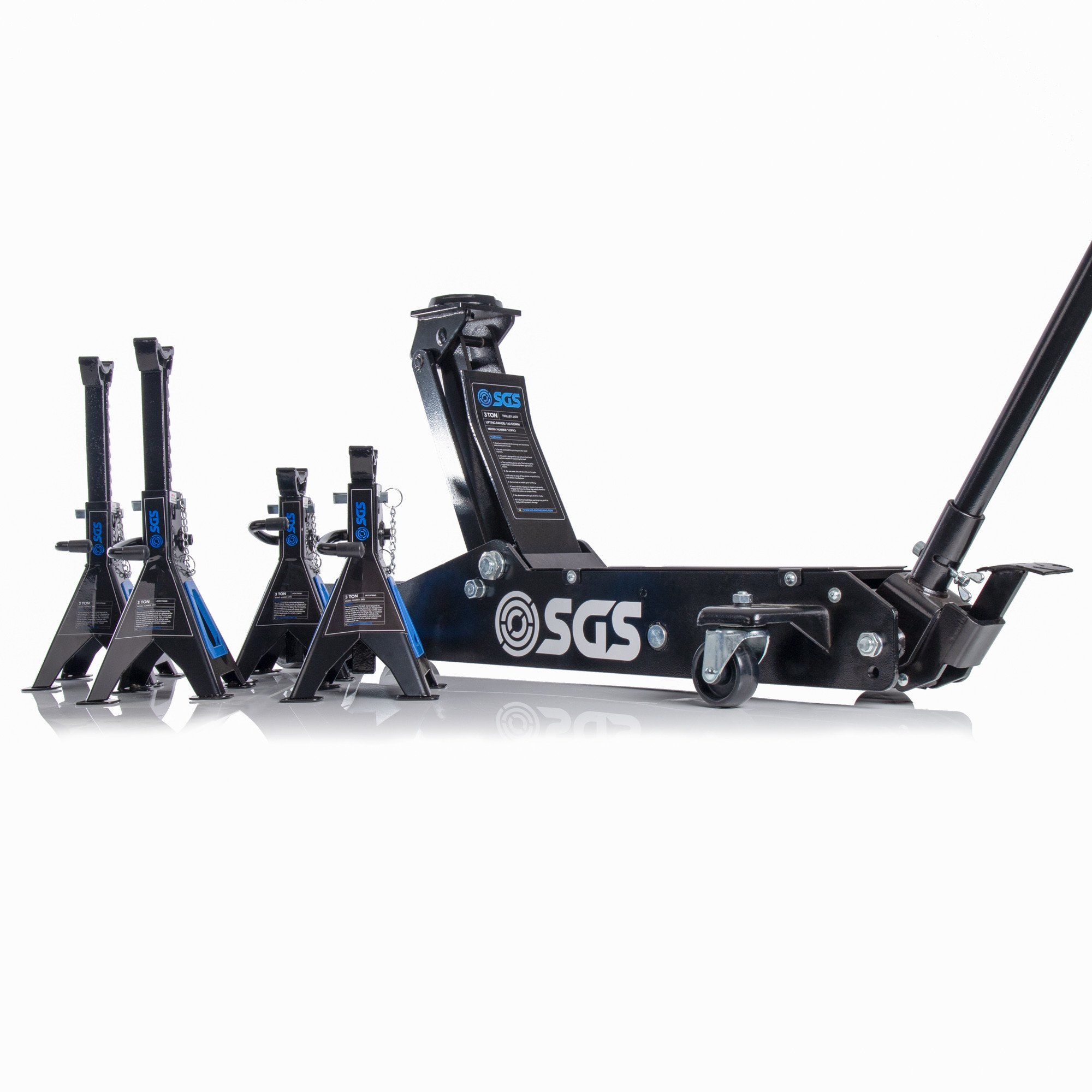 SGS 3 Ton Long Reach Service Trolley Jack and Four 3 Ton Ratchet Axle Stands