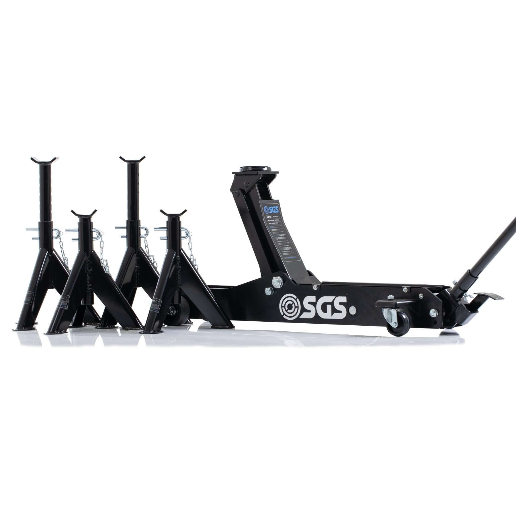 SGS 3 Ton Long Reach Service Trolley Jack with four 3 Ton Heavy Duty Axle Stands